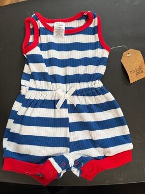 chick pea Blue & White Striped Baby Romper with Red Trim
